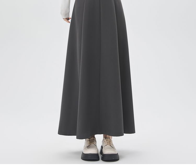 Pleated High-Rise Maxi A-Line Skirt in Solid Tone