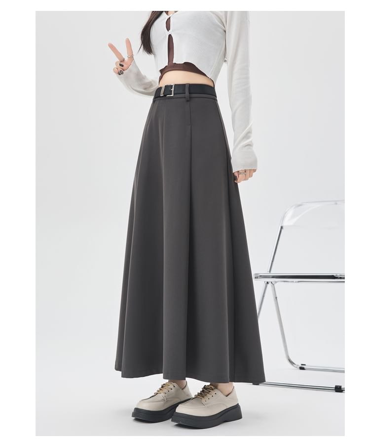 Pleated High-Rise Maxi A-Line Skirt in Solid Tone