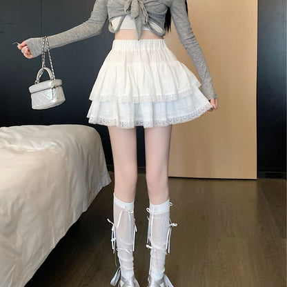 Lace-Trimmed High-Waisted Tiered Mini Skirt