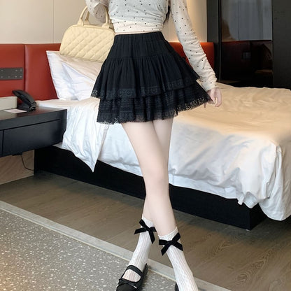 Lace-Trimmed High-Waisted Tiered Mini Skirt