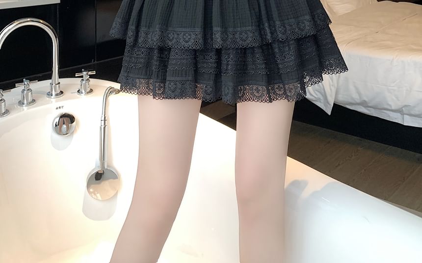 Lace-Trimmed High-Waisted Tiered Mini Skirt