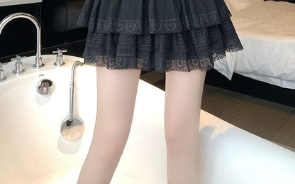 Lace-Trimmed High-Waisted Tiered Mini Skirt