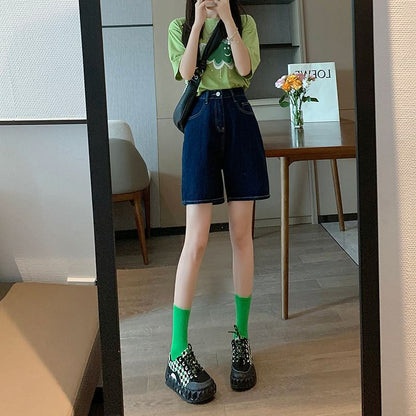 High Waist Plain Denim Shorts