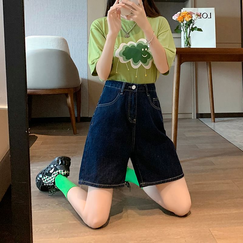 High Waist Plain Denim Shorts
