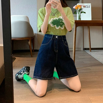 High Waist Plain Denim Shorts