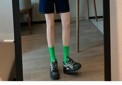 High Waist Plain Denim Shorts