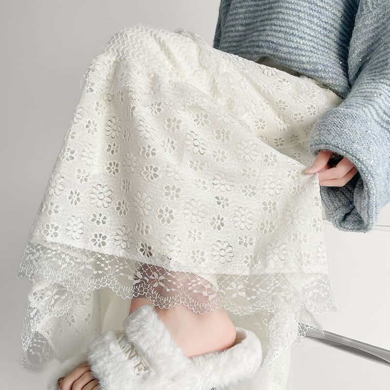 High Waist Plain Lace Panel Midi A-Line Skirt