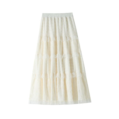 High Waist Plain Lace Panel Midi A-Line Skirt