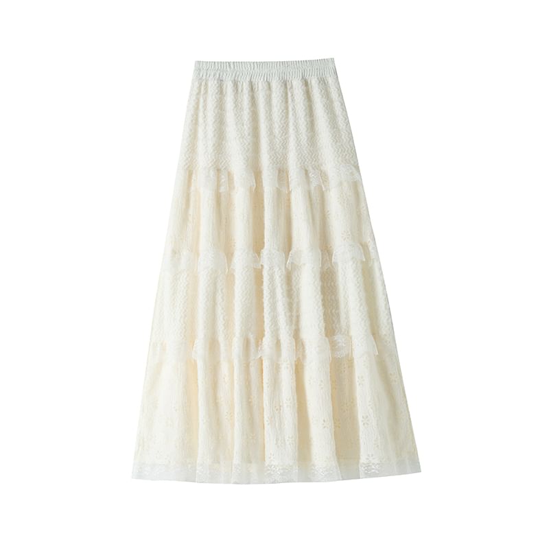 Lace Insert High-Waisted Midi Flared Skirt