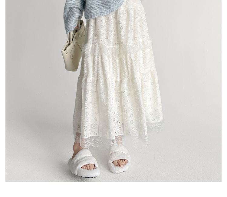 High Waist Plain Lace Panel Midi A-Line Skirt