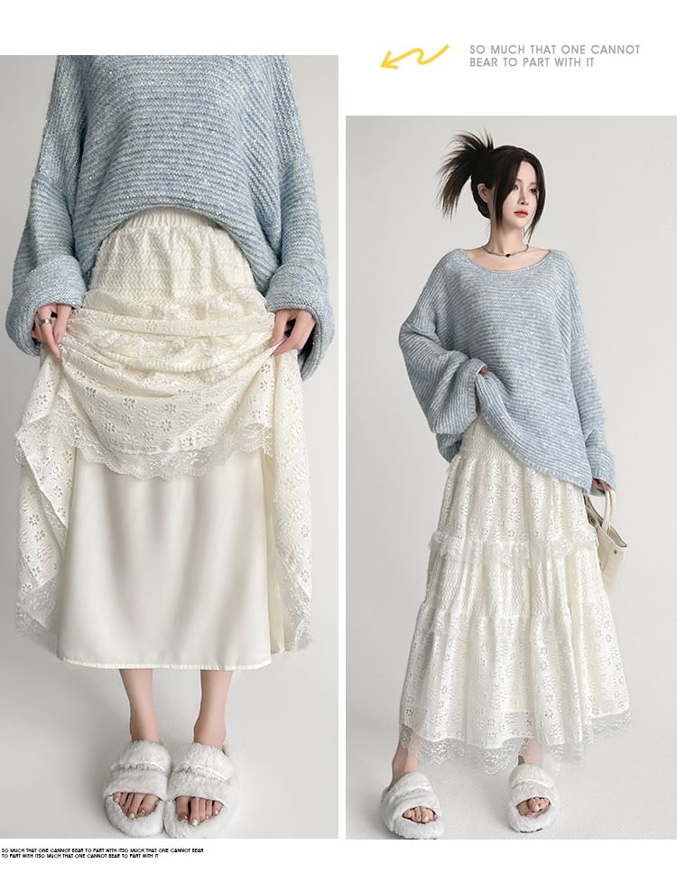 High Waist Plain Lace Panel Midi A-Line Skirt