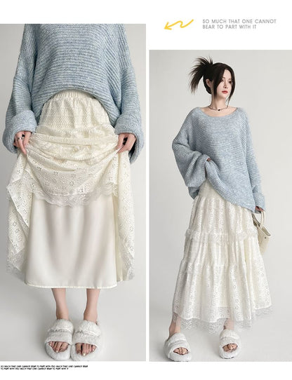 Lace Insert High-Waisted Midi Flared Skirt
