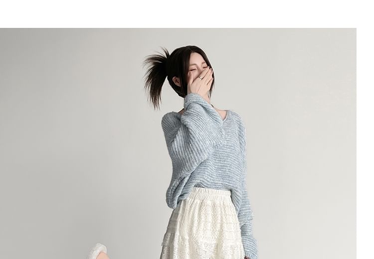 Lace Insert High-Waisted Midi Flared Skirt