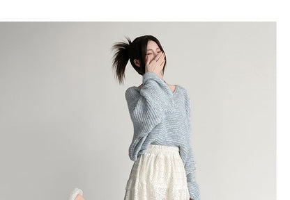 Lace Insert High-Waisted Midi Flared Skirt