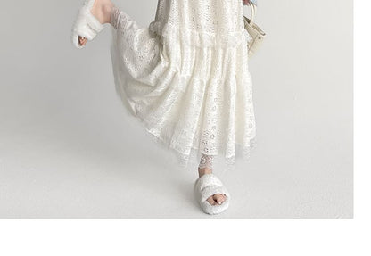 High Waist Plain Lace Panel Midi A-Line Skirt