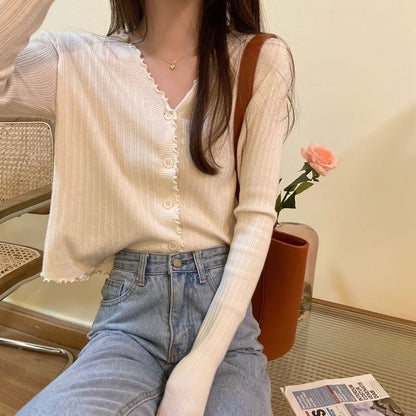 V-Neck Plain Ribbed Knit Cropped Cardigan