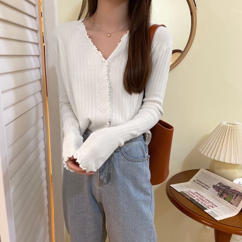 V-Neck Plain Ribbed Knit Cropped Cardigan
