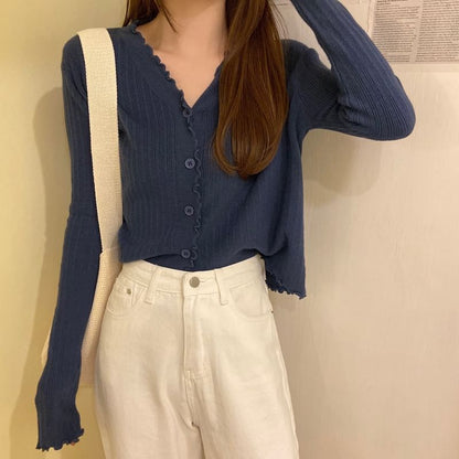 V-Neck Plain Ribbed Knit Cropped Cardigan