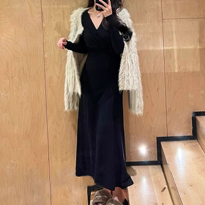 Long Sleeve V Neck Wrap A-Line Maxi Dress