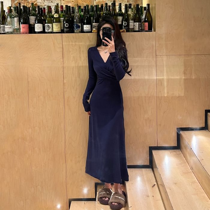 Long Sleeve V Neck Wrap A-Line Maxi Dress