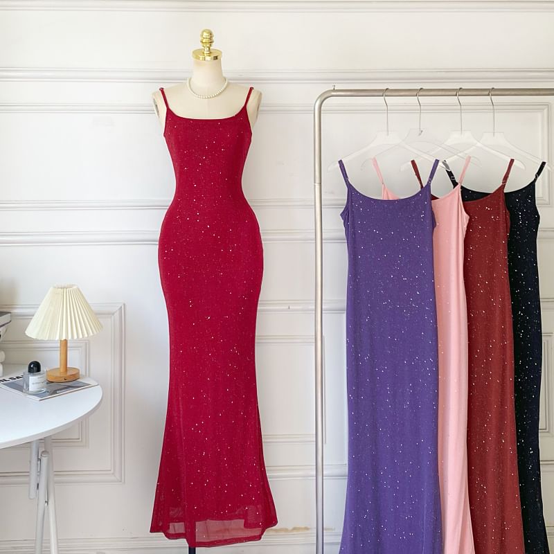 Spaghetti Strap Glitter Plain Mermaid Maxi Dress