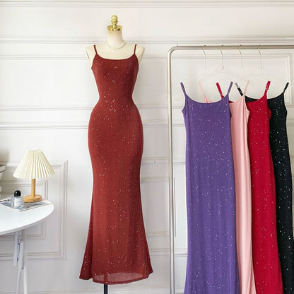 Spaghetti Strap Glitter Plain Mermaid Maxi Dress