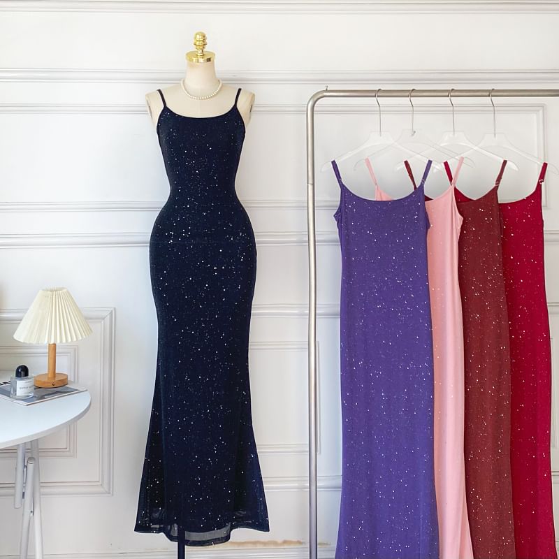 Spaghetti Strap Glitter Plain Mermaid Maxi Dress