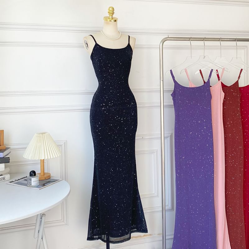 Spaghetti Strap Glitter Plain Mermaid Maxi Dress