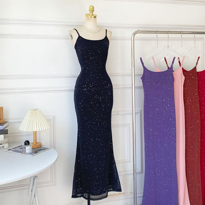 Spaghetti Strap Glitter Plain Mermaid Maxi Dress