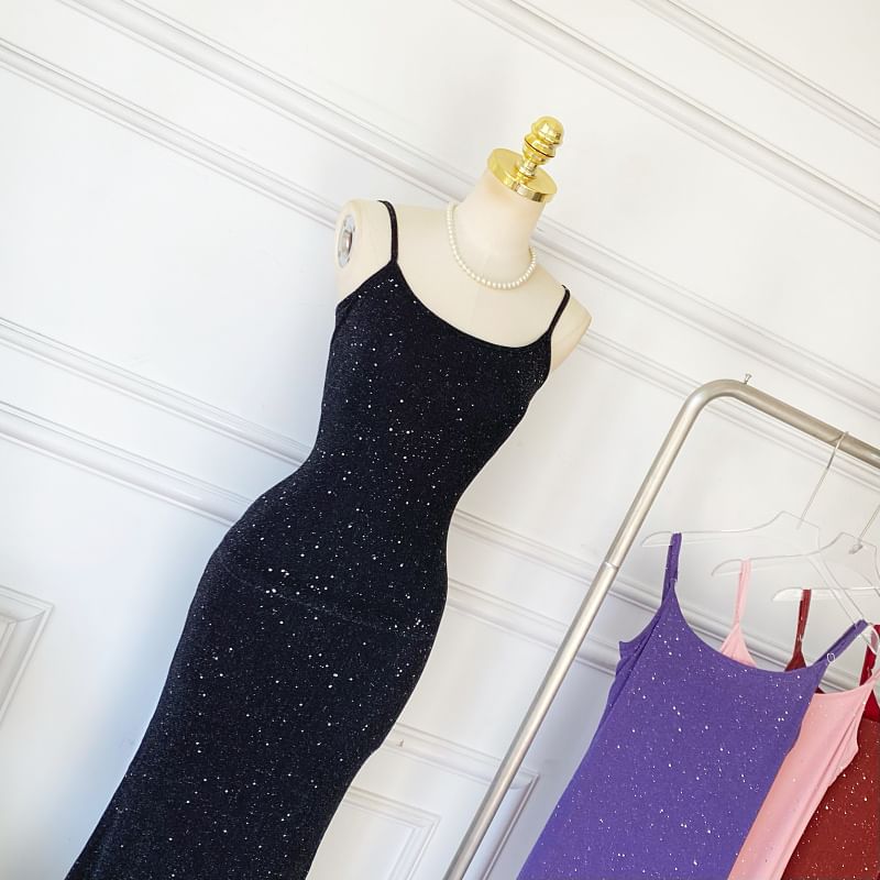 Spaghetti Strap Glitter Plain Mermaid Maxi Dress
