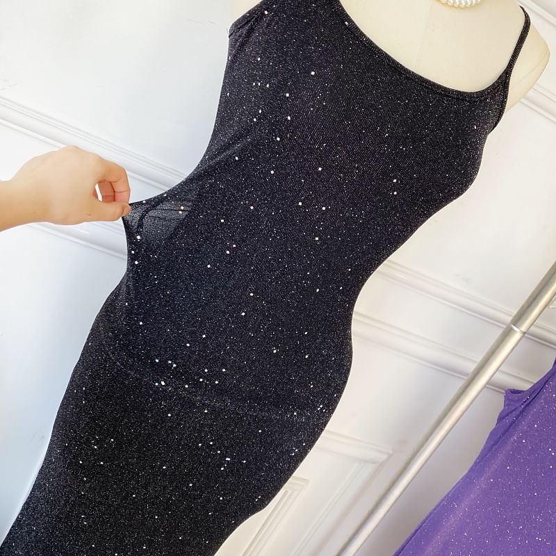 Spaghetti Strap Glitter Plain Mermaid Maxi Dress