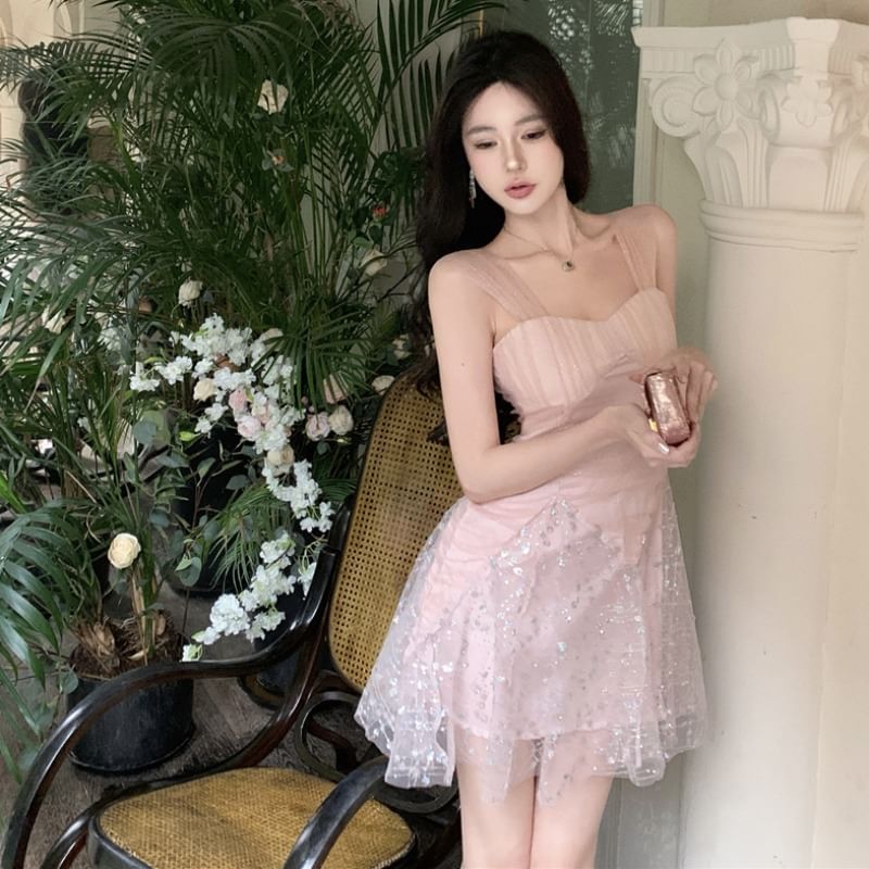 Wide Strap Rhinestone A-Line Mesh Cocktail Dress