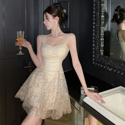 Wide Strap Rhinestone A-Line Mesh Cocktail Dress