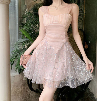 Wide Strap Rhinestone A-Line Mesh Cocktail Dress