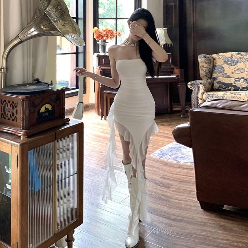 Off-Shoulder Floral Asymmetrical Ruffled Bodycon Cocktail Dress