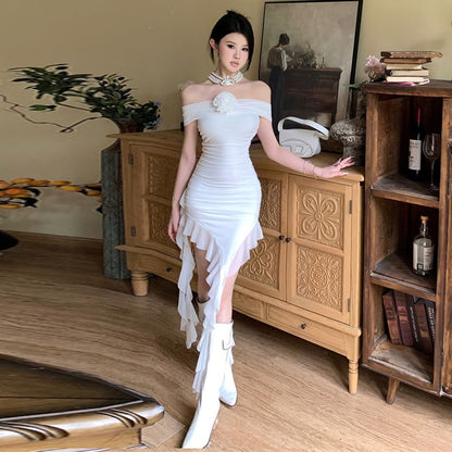 Off-Shoulder Floral Asymmetrical Ruffled Bodycon Cocktail Dress