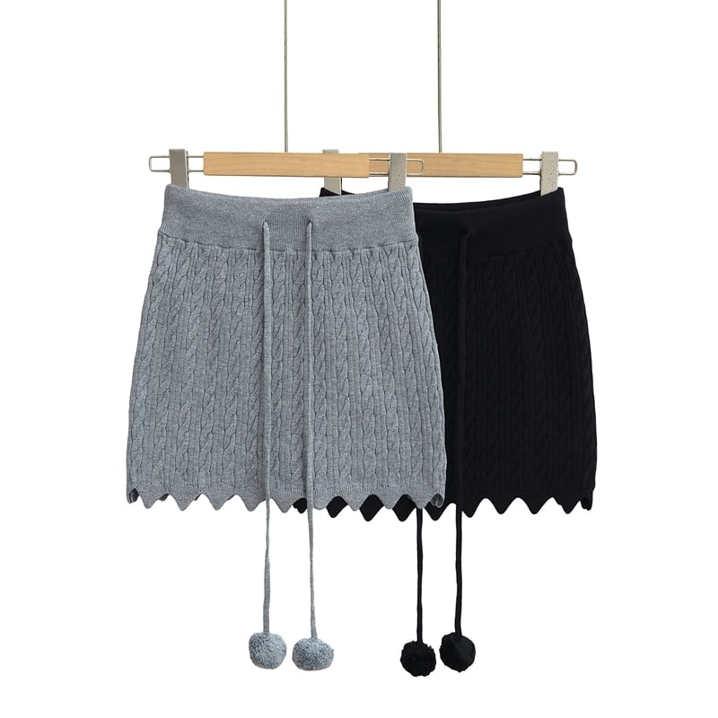 Cozy Cable Knit Pencil Skirt with Pom Pom Drawstring