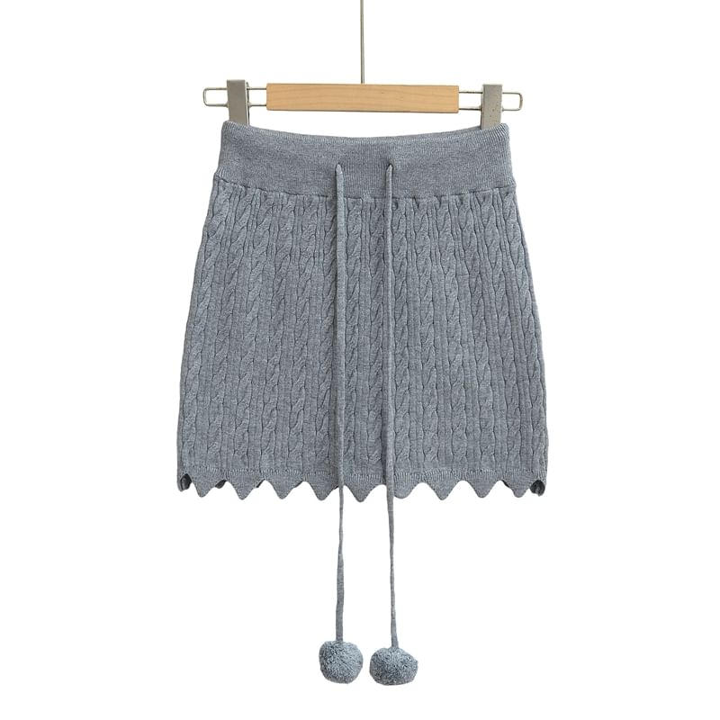 Cozy Cable Knit Pencil Skirt with Pom Pom Drawstring