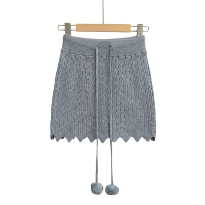 Cozy Cable Knit Pencil Skirt with Pom Pom Drawstring