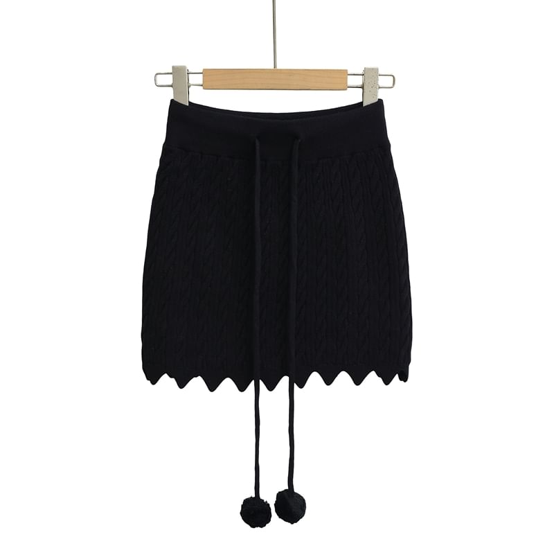 Cozy Cable Knit Pencil Skirt with Pom Pom Drawstring