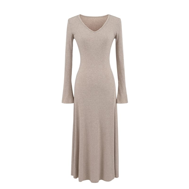Long Sleeve V Neck Ribbed A-Line Maxi Dress