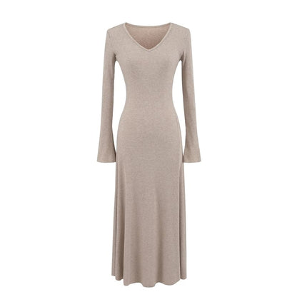 Long Sleeve V Neck Ribbed A-Line Maxi Dress