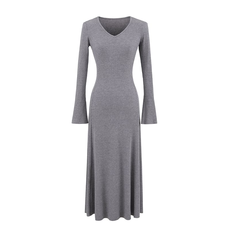 Long Sleeve V Neck Ribbed A-Line Maxi Dress