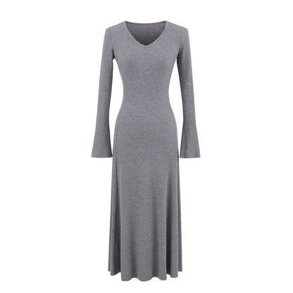 Long Sleeve V Neck Ribbed A-Line Maxi Dress