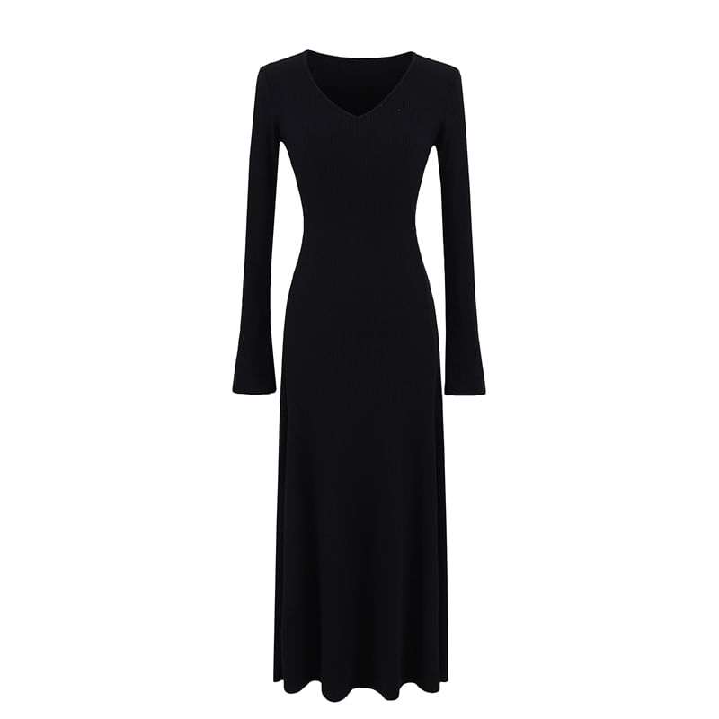 Long Sleeve V Neck Ribbed A-Line Maxi Dress