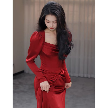 Square Neck Long-Sleeve Gown Ruched Evening Mermaid Plain Slit
