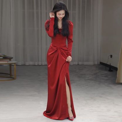 Square Neck Long-Sleeve Gown Ruched Evening Mermaid Plain Slit