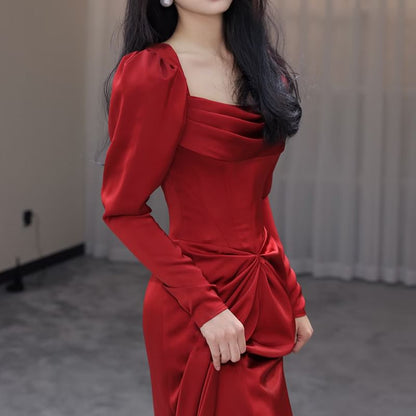 Long-Sleeve Square Neck Plain Ruched Slit Mermaid Evening Gown