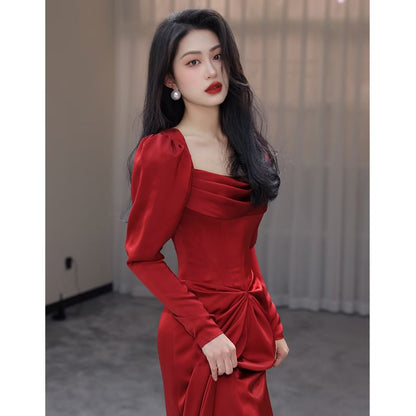 Long-Sleeve Square Neck Plain Ruched Slit Mermaid Evening Gown