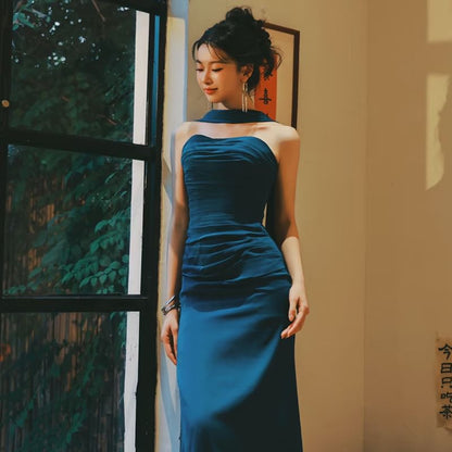 Halter Neck Plain Ruched Mermaid Evening Gown